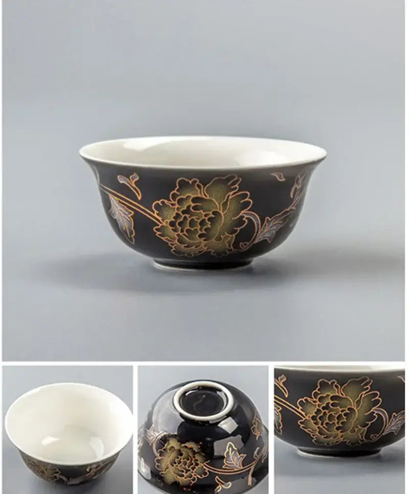 Vintage black and gold dragon tea cup kitchen porcelain set