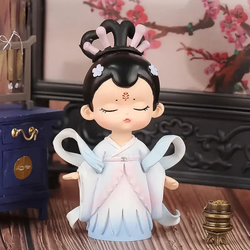 Pink and white hanfu court princess resin statue bookshelf decor