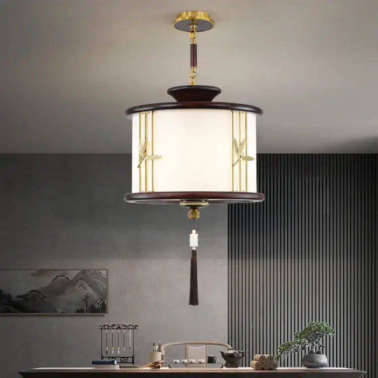 Retro wood and gold chinese lantern chandelier living room light