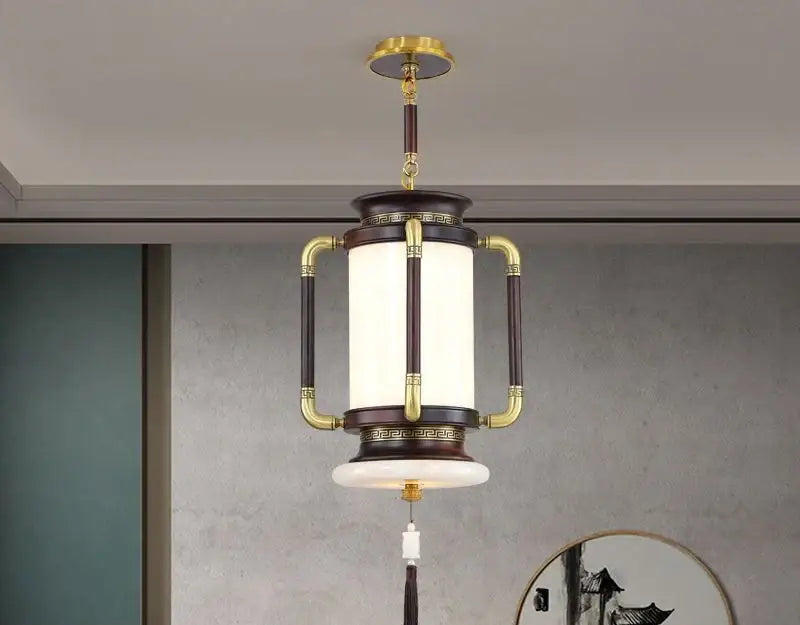 Retro wood and gold chinese lantern chandelier living room light