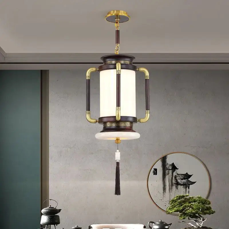 Retro wood and gold chinese lantern chandelier living room light