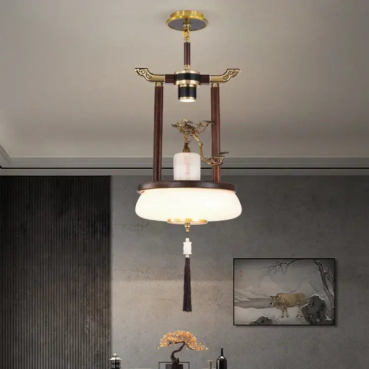 Retro wood and gold chinese lantern chandelier living room light