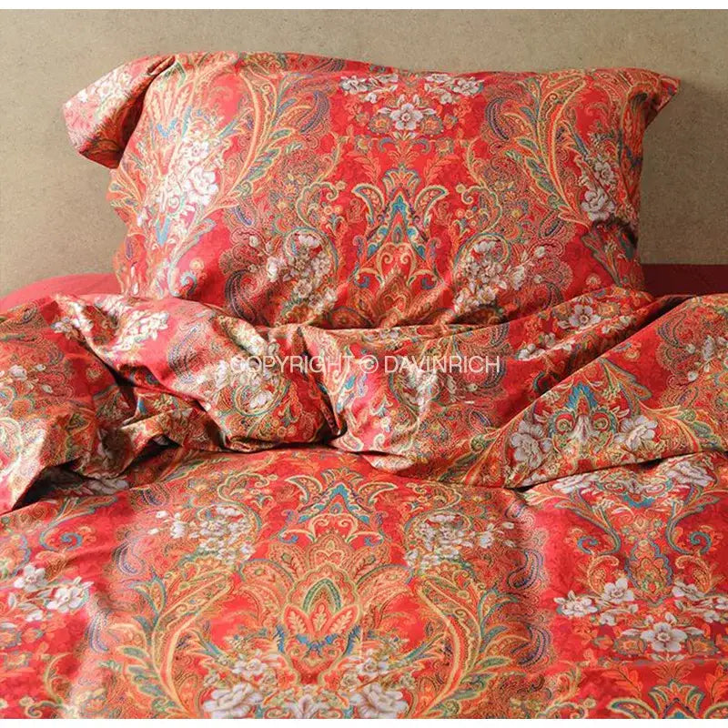 Luxury red & gold satin cotton wedding duvet set for bedroom