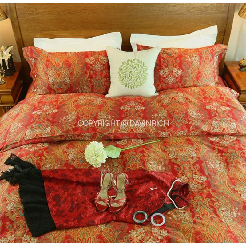 Luxury red & gold satin cotton wedding duvet set for bedroom