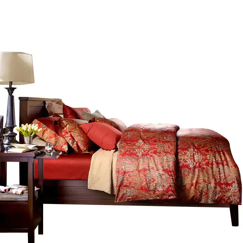 Luxury red & gold satin cotton wedding duvet set for bedroom