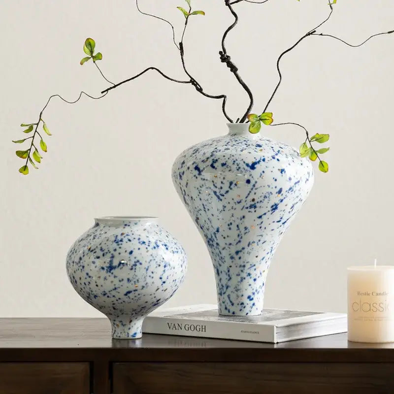 Retro white and blue ceramic vase living room flower decor