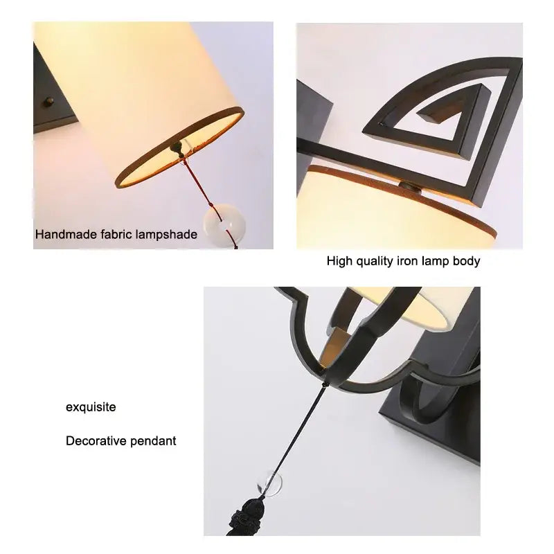 Chinese style black e27 cloth wall sconce living room tassel light