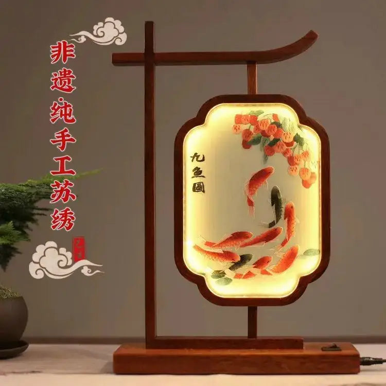 Traditional wooden embroidered desk lamp bedroom decoration screen