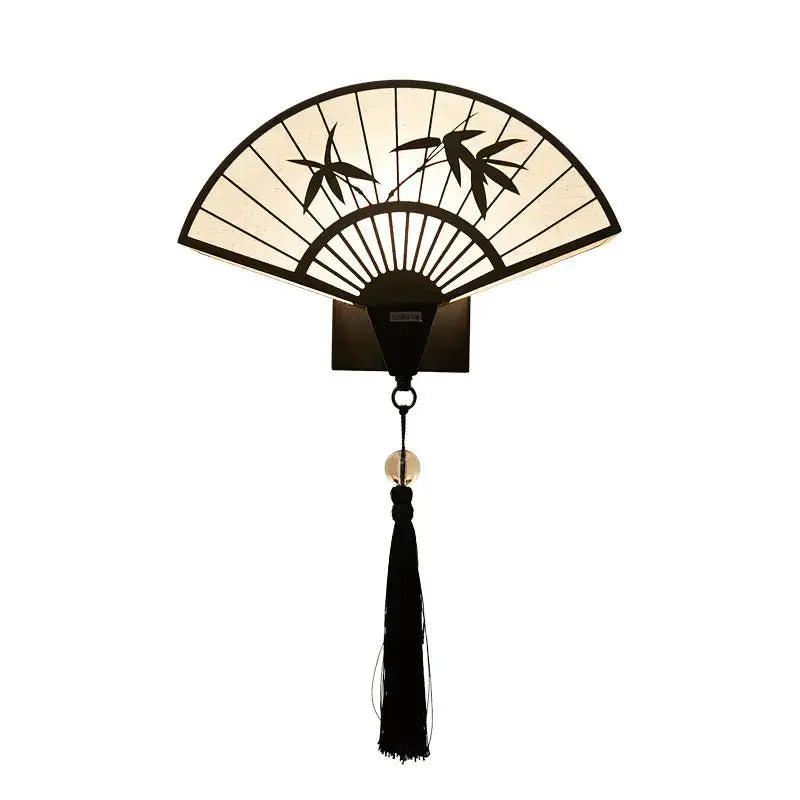 Chinese fan iron art wall lamp living room bamboo leaf sconce