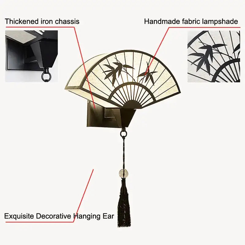 Chinese fan iron art wall lamp living room bamboo leaf sconce