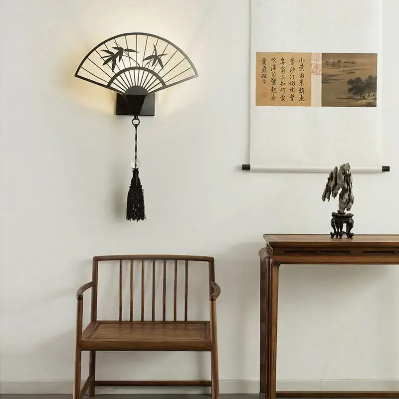 Chinese fan iron art wall lamp living room bamboo leaf sconce