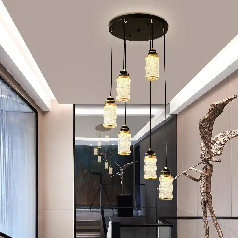 Modern black spiral staircase chandelier with frosted glass for villa