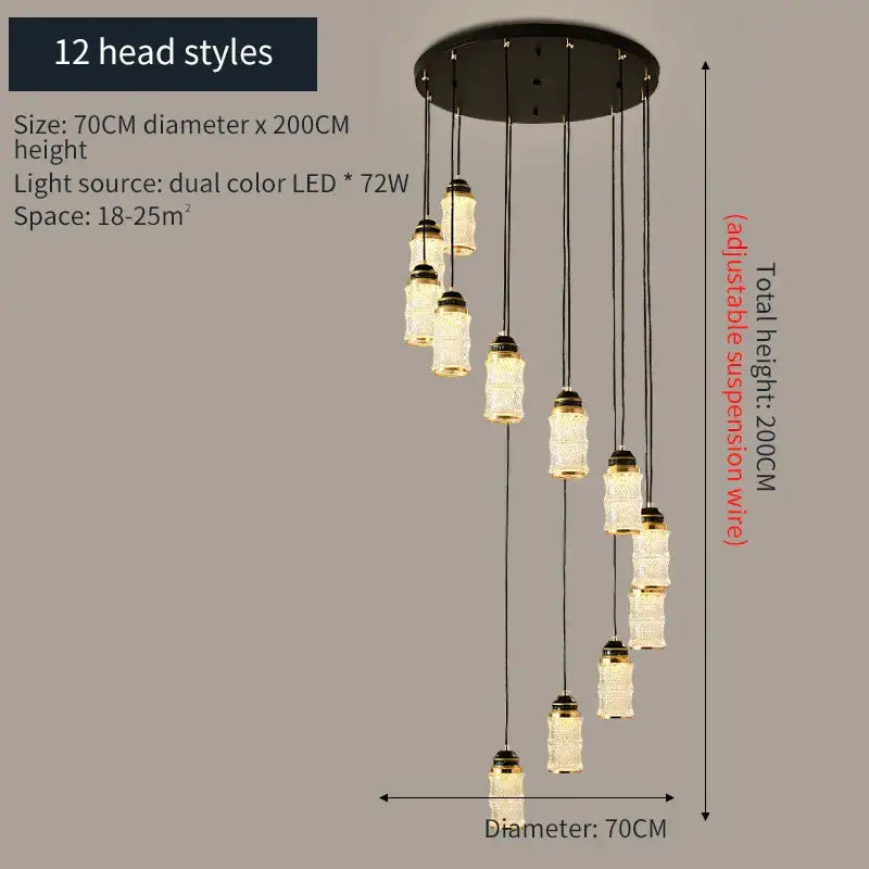 Modern black spiral staircase chandelier with frosted glass for villa