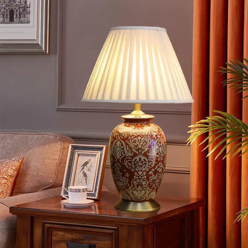 Vintage red ceramic table lamp for bedroom with ornate pattern