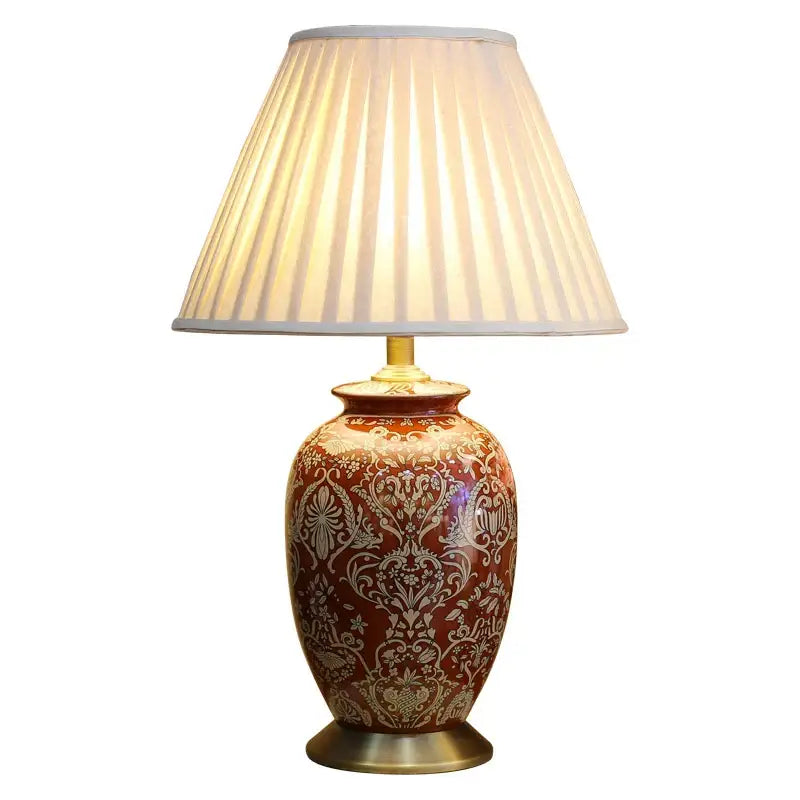 Vintage red ceramic table lamp for bedroom with ornate pattern