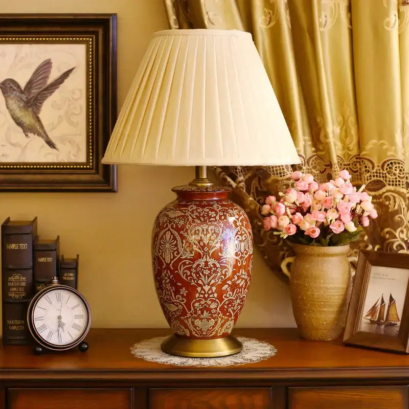 Vintage red ceramic table lamp for bedroom with ornate pattern
