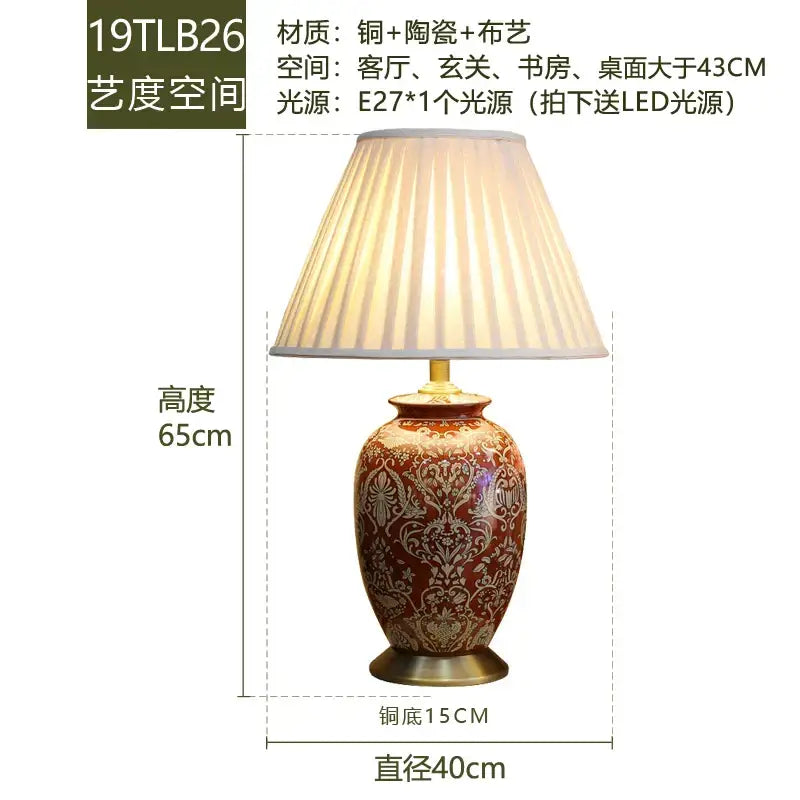 Vintage red ceramic table lamp for bedroom with ornate pattern