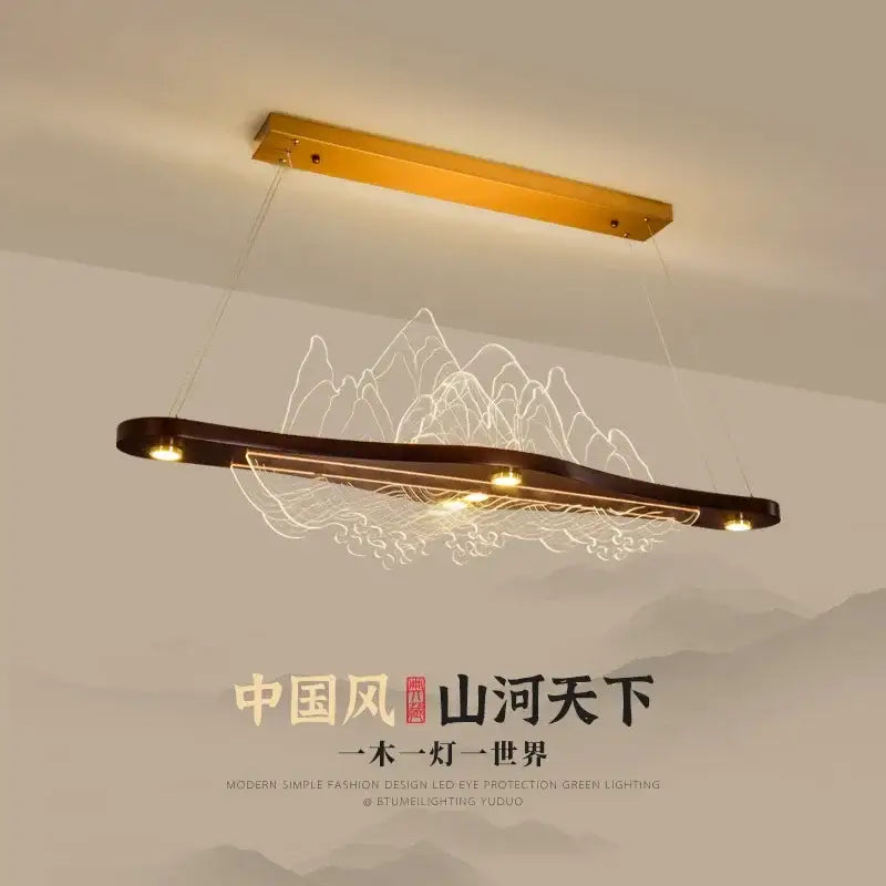 Modern zen wood art chandelier gold mountain light dining room