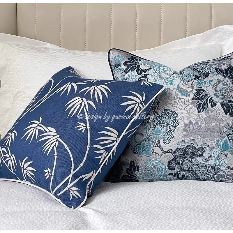 Chinoiserie blue peony floral cushion cover living room decor