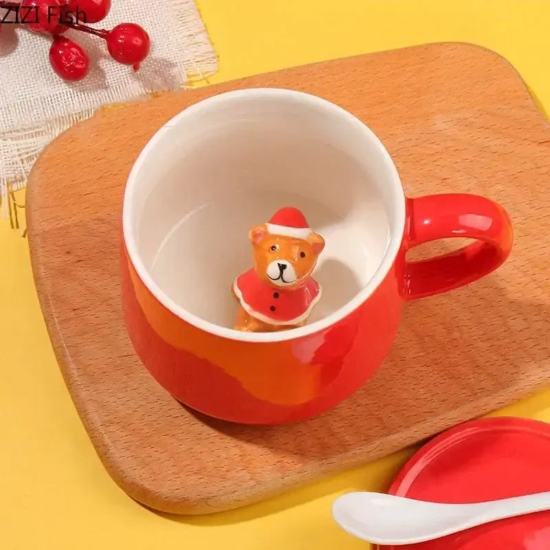 Red and white christmas animals ceramic mug set dining room figurines