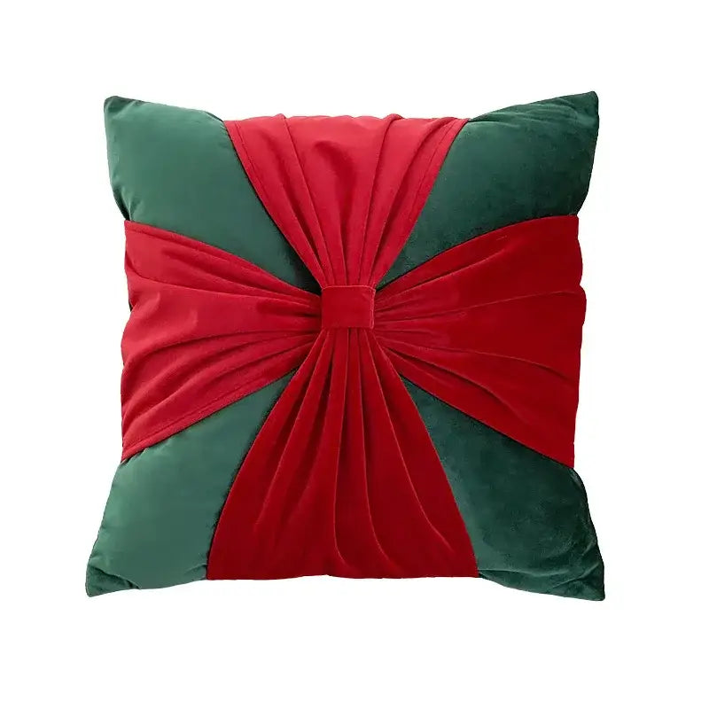 Red & green christmas bow patchwork velvet pillow set living room