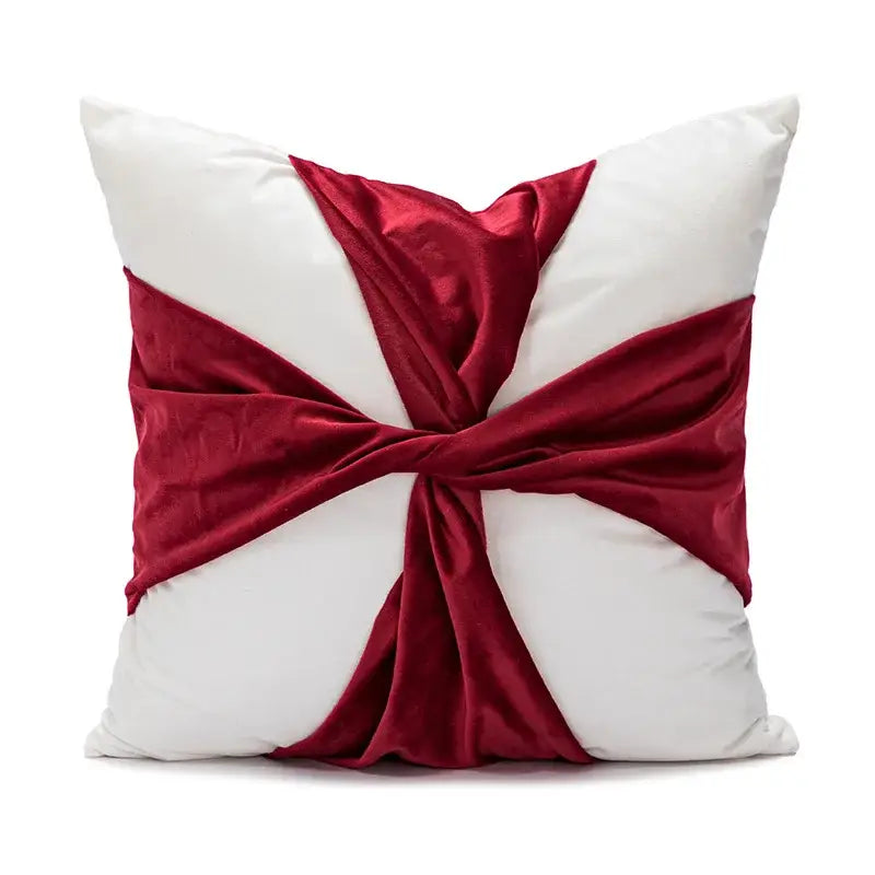 Red & green christmas bow patchwork velvet pillow set living room