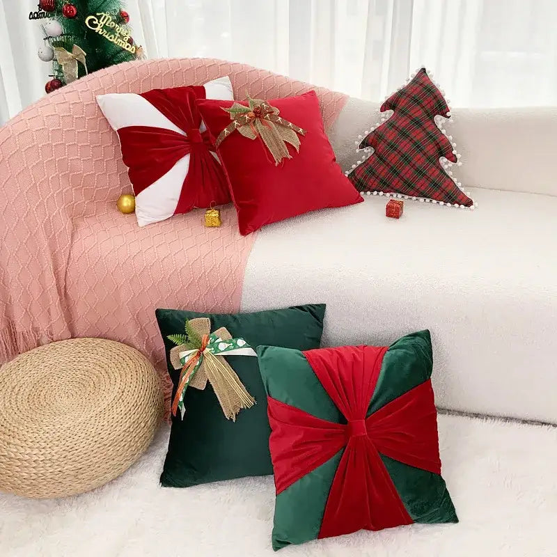 Red & green christmas bow patchwork velvet pillow set living room