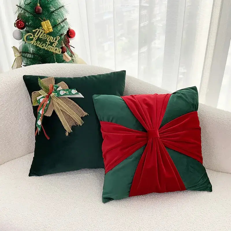 Red & green christmas bow patchwork velvet pillow set living room
