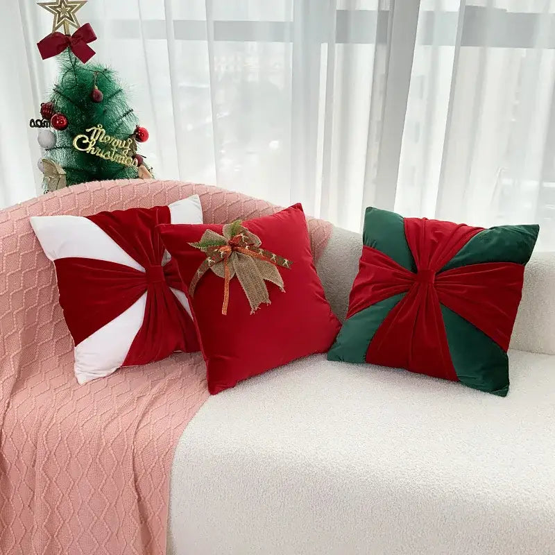 Red & green christmas bow patchwork velvet pillow set living room