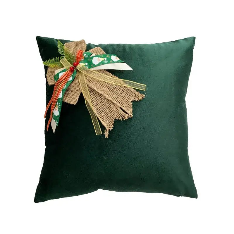 Red & green christmas bow patchwork velvet pillow set living room