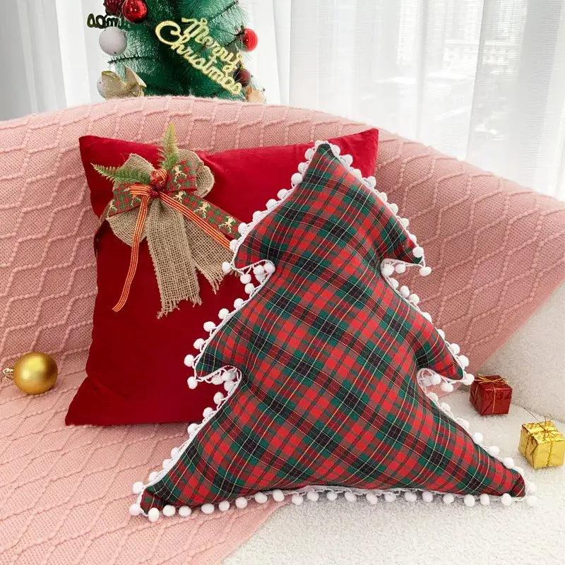 Red & green christmas bow patchwork velvet pillow set living room