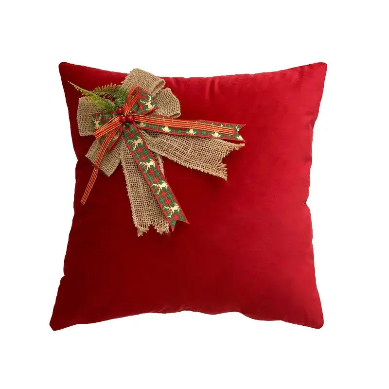 Red & green christmas bow patchwork velvet pillow set living room