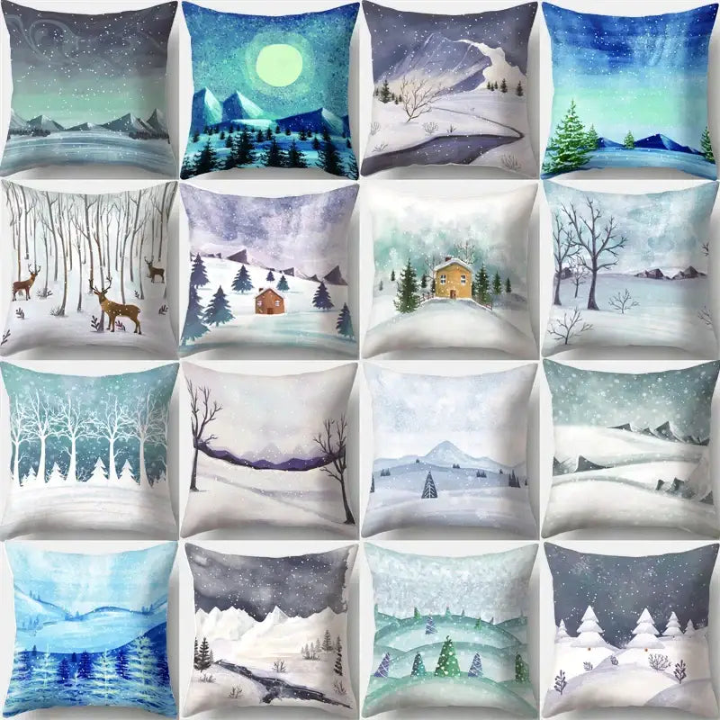 Winter landscape blue and white pillow case living room decor