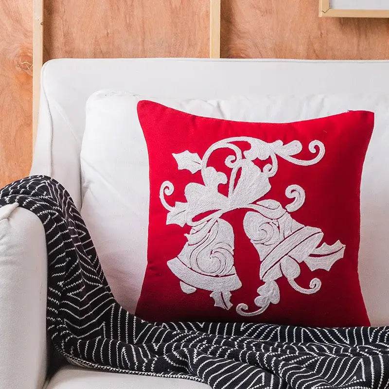 Red and white christmas embroidered cotton pillow covers living room