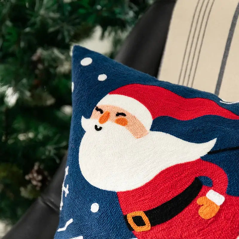 Blue santa sleigh embroidered pillow cover living room decor