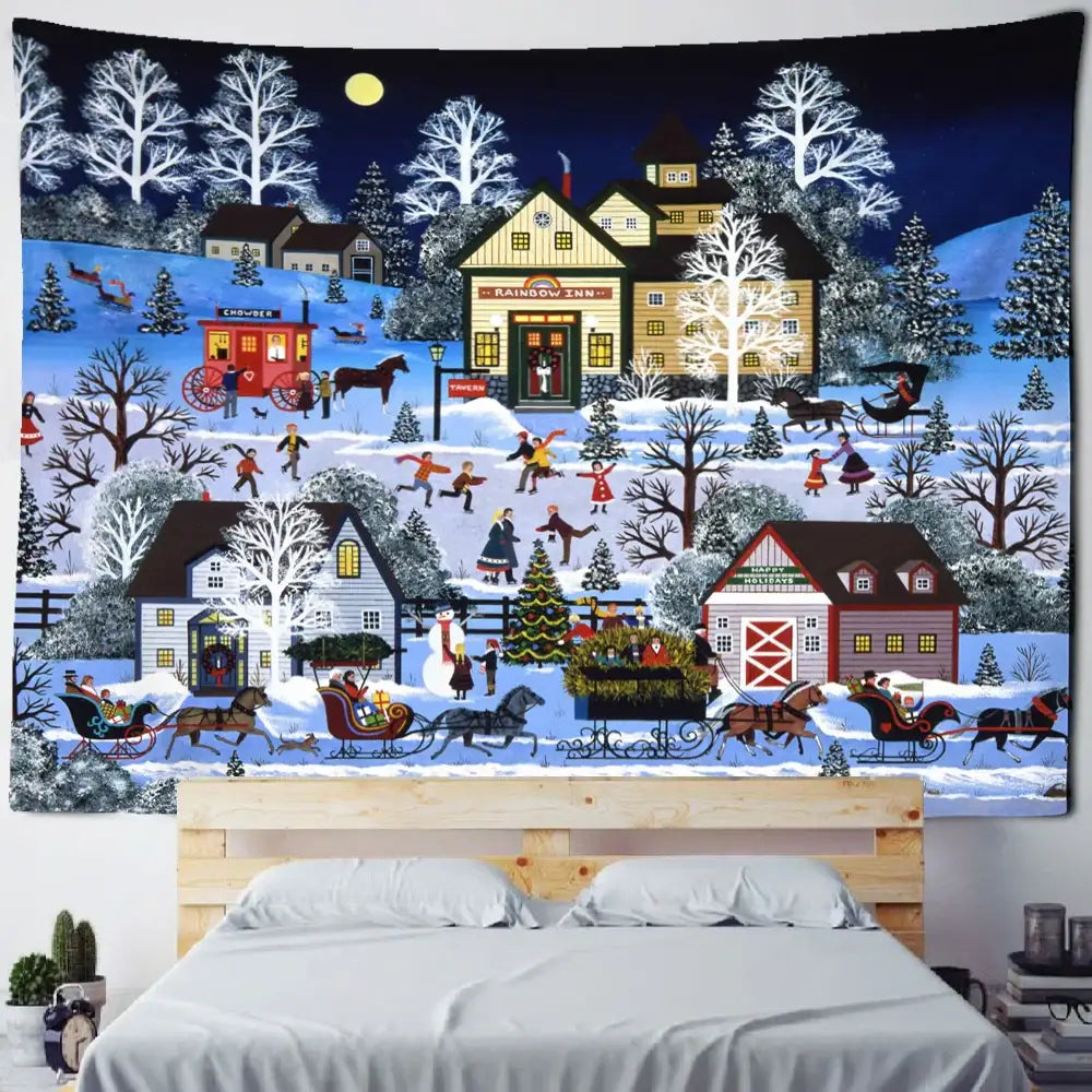 Festive winter village fireplace tapestry wall hanging living room