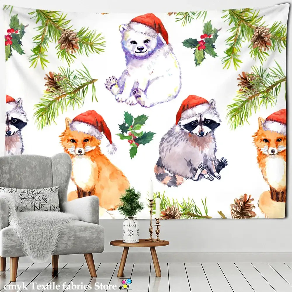 Festive winter village fireplace tapestry wall hanging living room