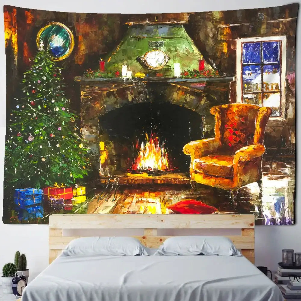 Festive winter village fireplace tapestry wall hanging living room
