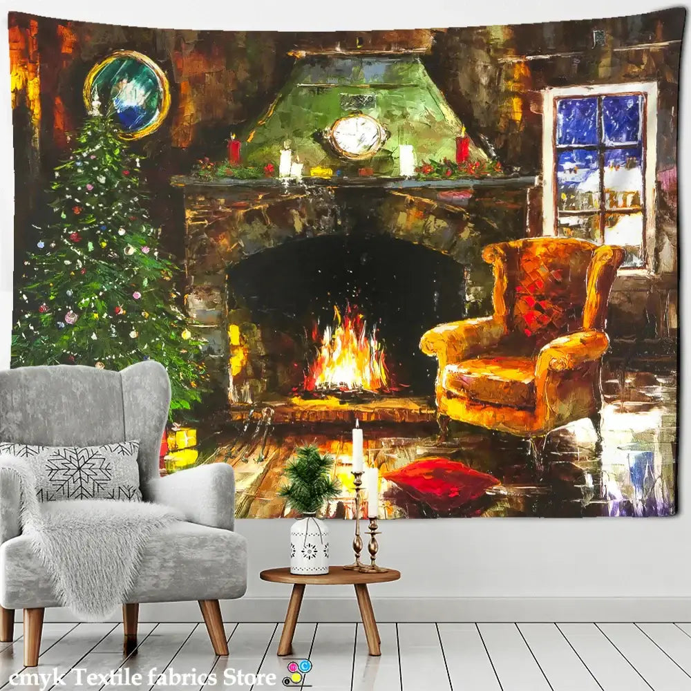 Festive winter village fireplace tapestry wall hanging living room