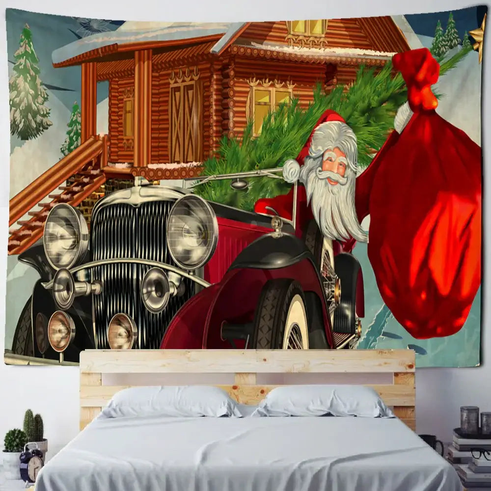 Festive winter village fireplace tapestry wall hanging living room