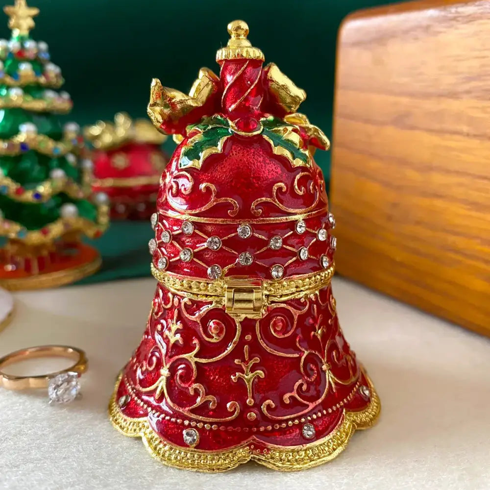Festive red & gold enamel christmas jingle bell trinket box dining room
