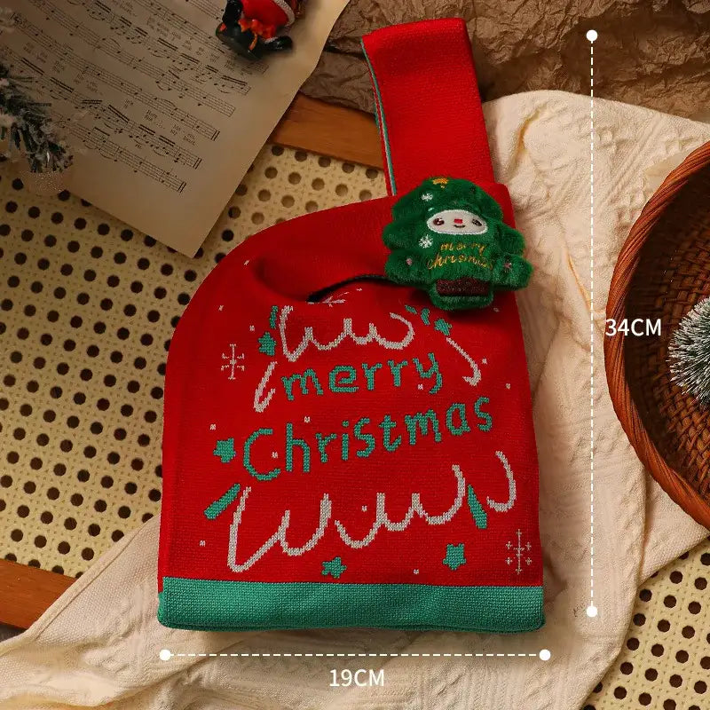Christmas knitted apple bag red fabric gift pouch dining room decor