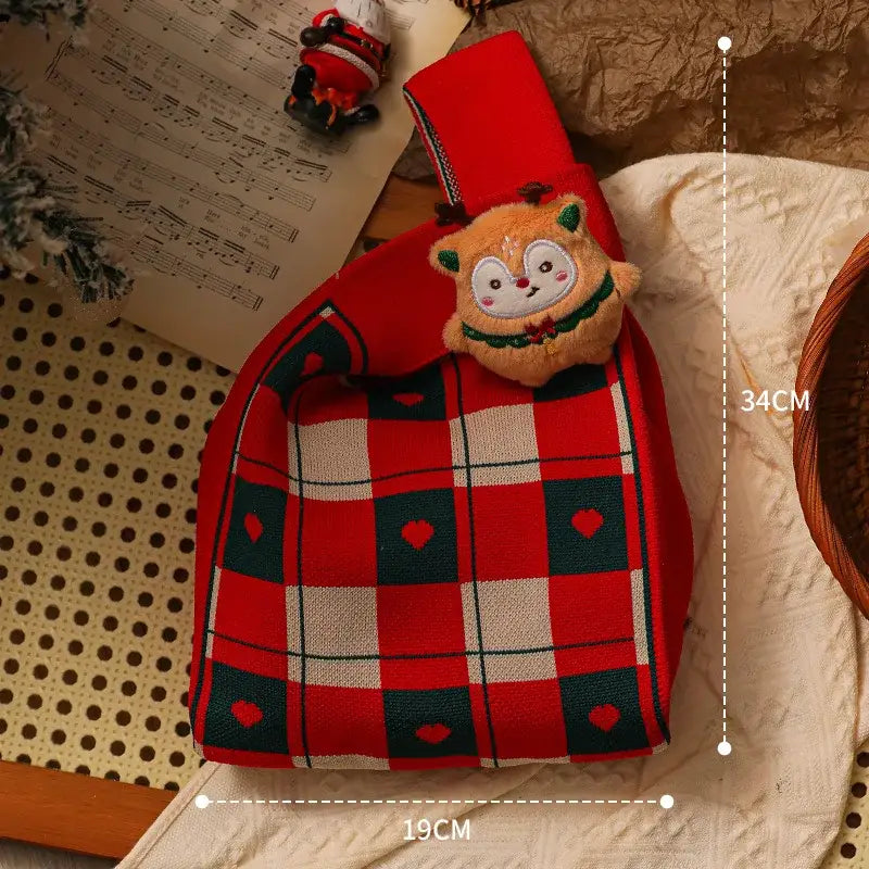 Christmas knitted apple bag red fabric gift pouch dining room decor