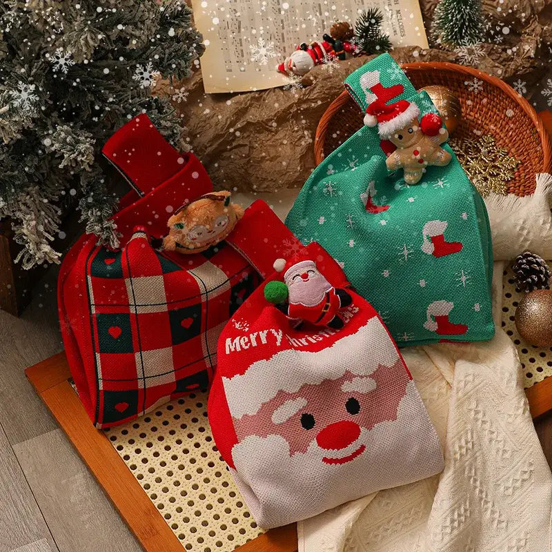 Christmas knitted apple bag red fabric gift pouch dining room decor