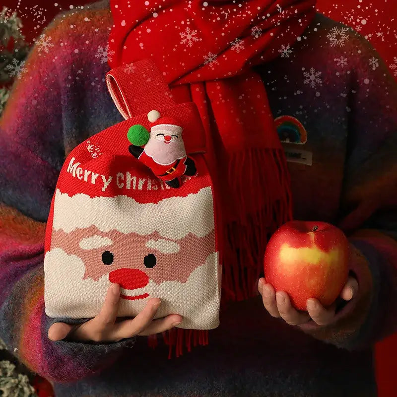 Christmas knitted apple bag red fabric gift pouch dining room decor