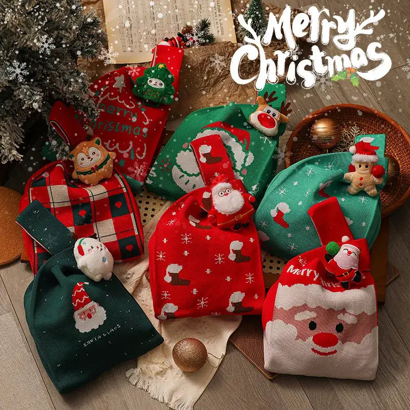 Christmas knitted apple bag red fabric gift pouch dining room decor