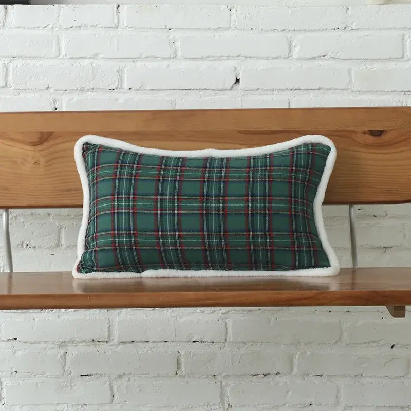 Green & white letter embroidery plaid cushion set living room decor