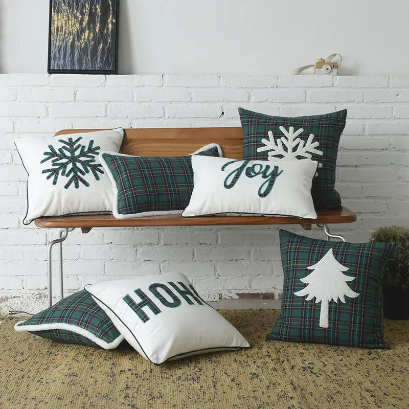 Green and white christmas plaid cotton cushion cover living room