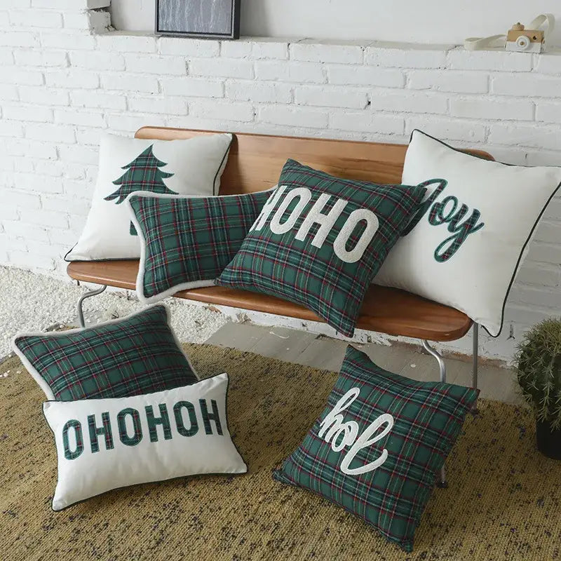 Green & white plaid cotton cushion cover living room snowflake decor