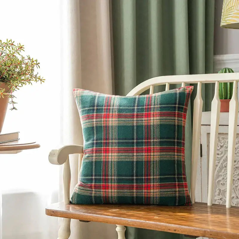 Festive plaid cushion cover with gold snowflakes living room decor